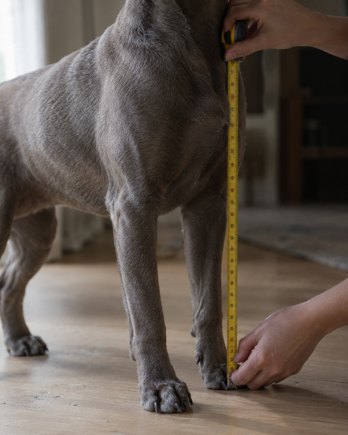 Unas manos midiendo con cinta métrica la altura del pecho de un perro